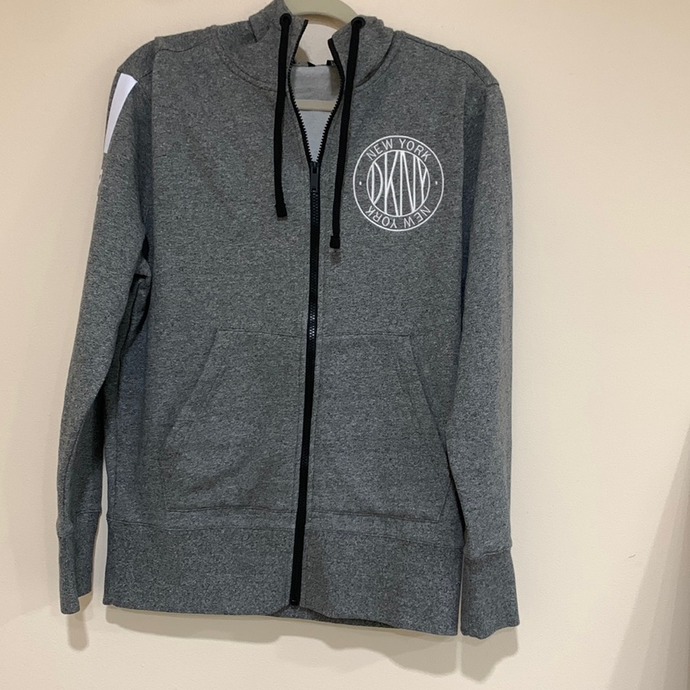 DKNY gray size small men’s jacket with hoodie. Brand new with tags